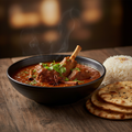 Lamb Rogan Josh in a dark ceramic bowl with deep red-brown Kashmiri spice sauce, garnished with cilantro and whole spices, served with naan and basmati rice