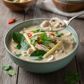 A creamy bowl of Tom Kha Kai soup with coconut milk broth and tender chicken