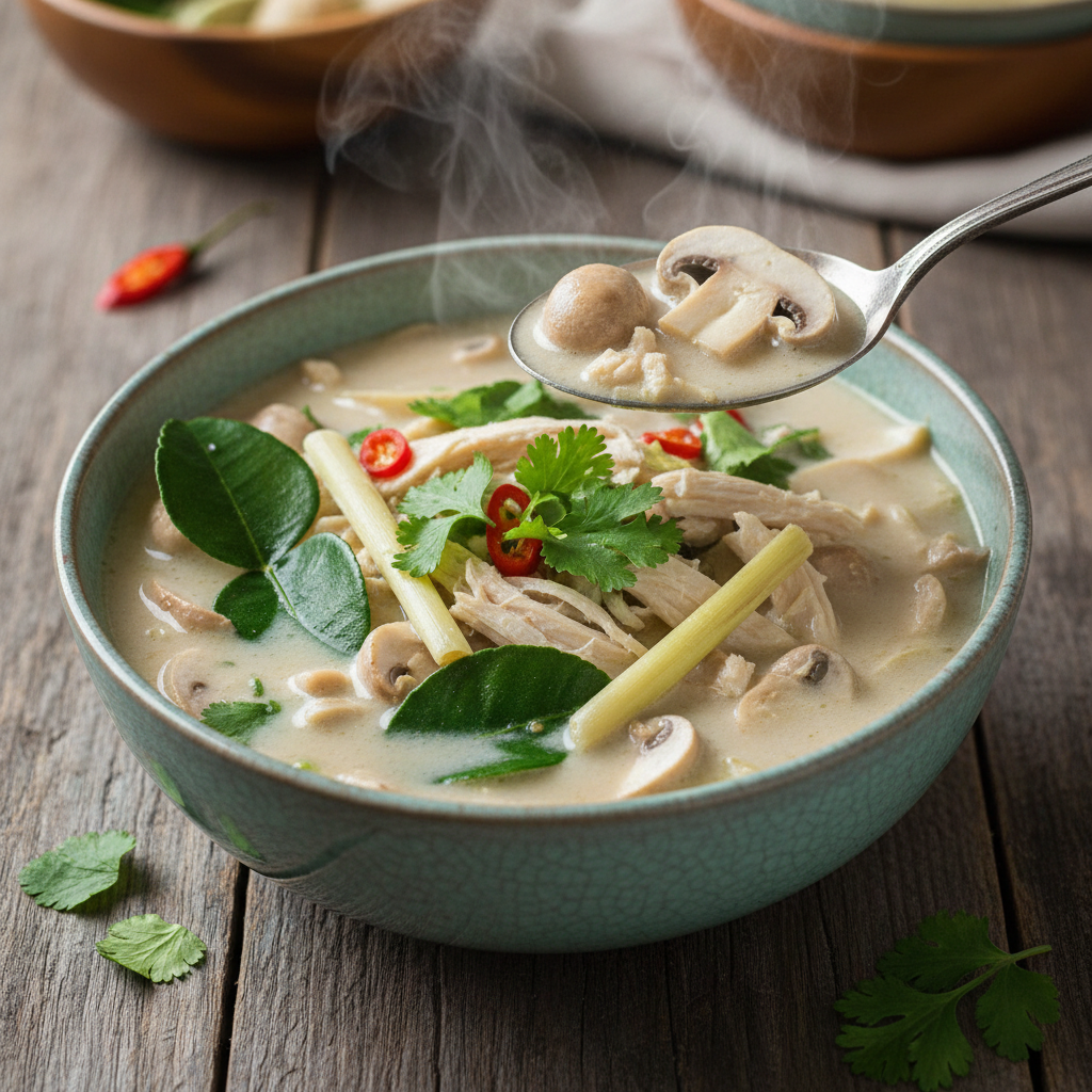 A creamy bowl of Tom Kha Kai soup with coconut milk broth and tender chicken