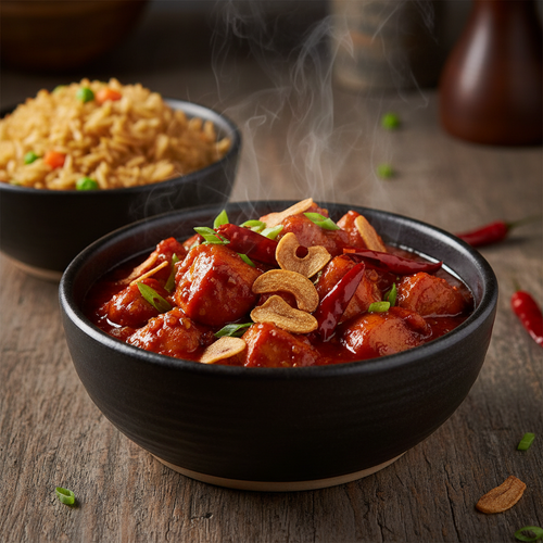 Chicken Hot Garlic in a dark ceramic bowl with glossy fiery red sauce, tender chicken, loads of sliced garlic, dried red chilies and spring onions, served with fried rice