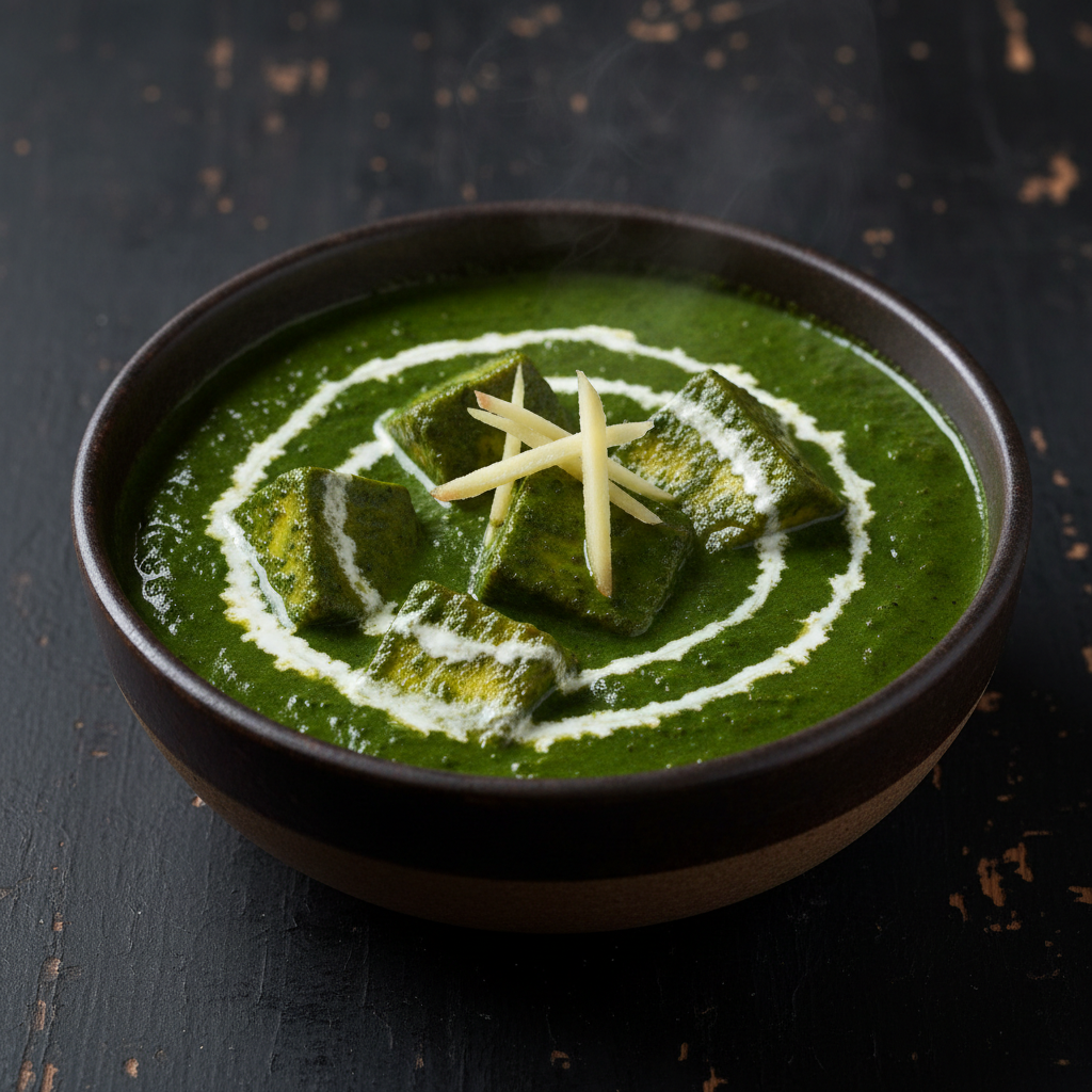 Palak Paneer with paneer cubes in creamy vibrant green spinach sauce