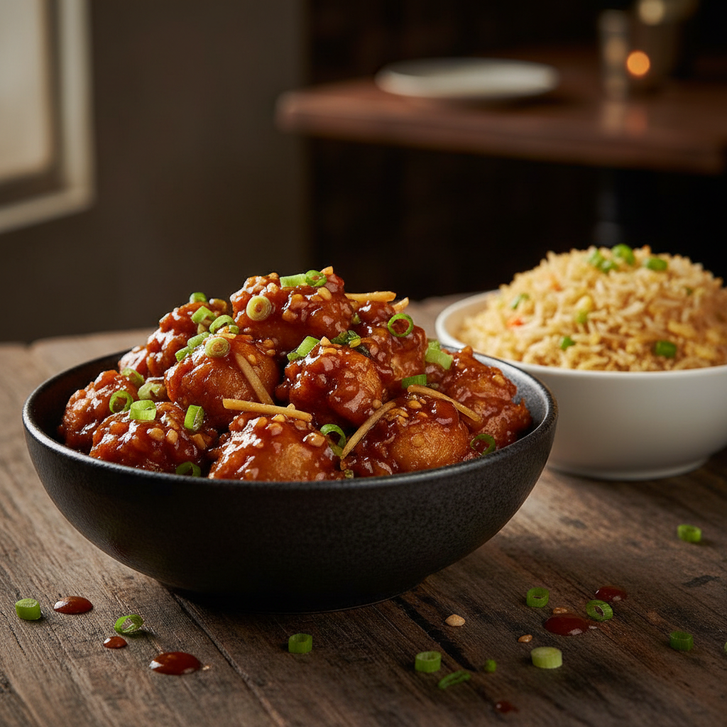 Chicken Manchurian crispy fried chicken balls in a glossy dark Indo-Chinese sauce with green chilies and spring onions