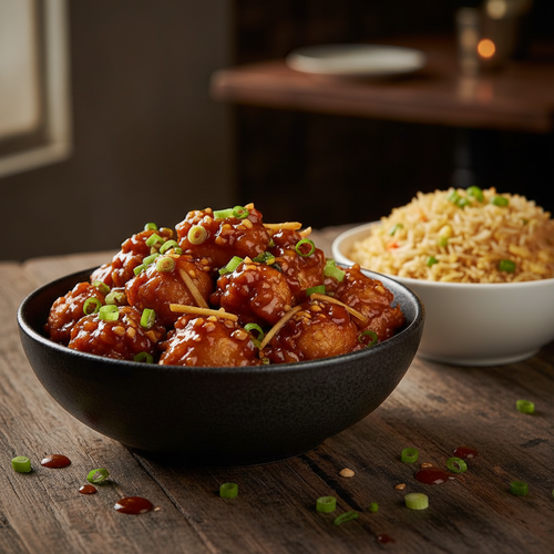 Chicken Manchurian crispy fried chicken balls in a glossy dark Indo-Chinese sauce with green chilies and spring onions