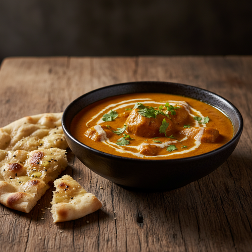 Butter Chicken in a dark ceramic bowl with silky golden-orange sauce, garnished with cilantro and cream, served with naan