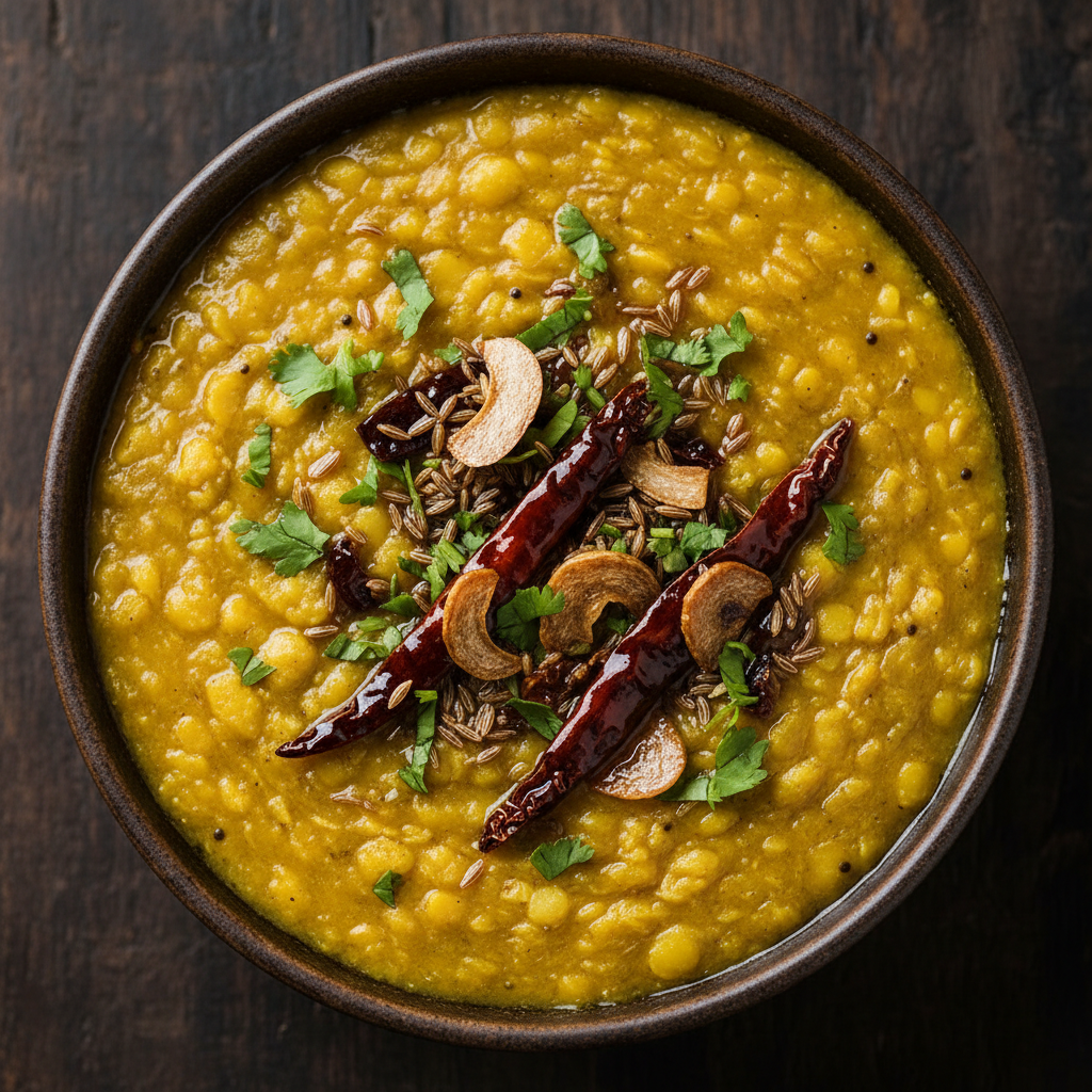 Dal Tadka yellow lentils with ghee tempering, cumin and red chilies
