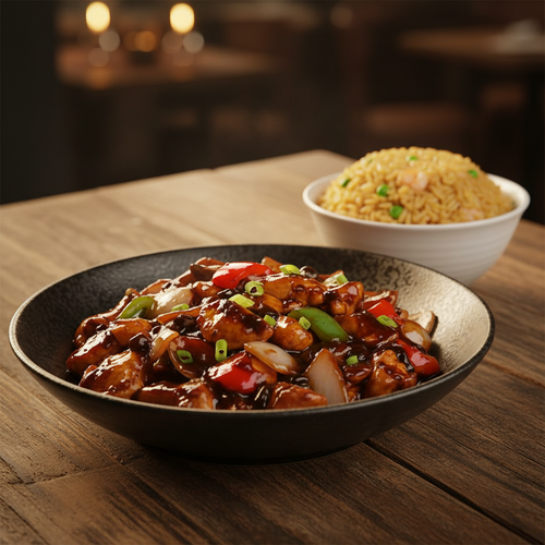 Chicken Black Bean Sauce in a dark ceramic bowl with glossy dark sauce, bell peppers, onions and spring onions, served with fried rice