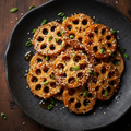 Lotus Stem Honey and Sesame on a dark ceramic plate with crispy fried lotus stem slices glazed in sticky honey sesame sauce, topped with toasted sesame seeds and spring onions