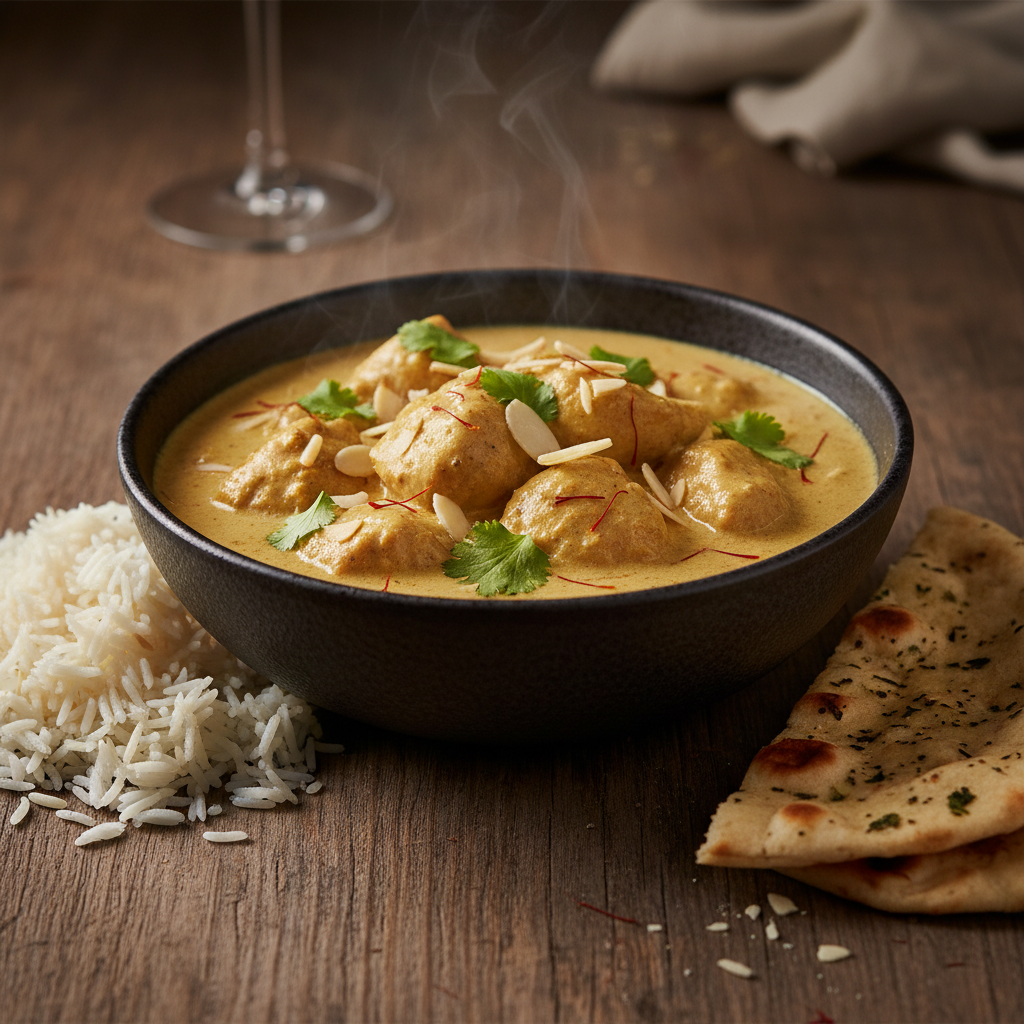 Chicken Korma in a dark ceramic bowl with creamy golden sauce, garnished with slivered almonds and cilantro, served with naan
