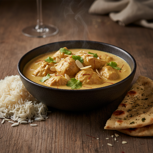 Chicken Korma in a dark ceramic bowl with creamy golden sauce, garnished with slivered almonds and cilantro, served with naan
