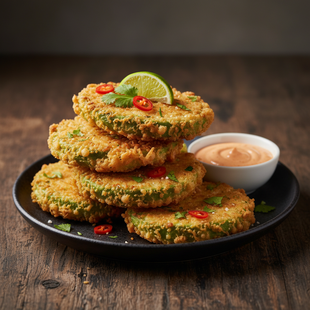 Avocado Fritters in light airy tempura batter, golden crispy fried avocado slices garnished with cilantro, red chilies and lime, served with sriracha aioli