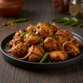 Chicken Pepper Fry on a dark ceramic plate with tender chicken pieces stir-fried with black pepper, curry leaves, onions and green chilies in South Indian style