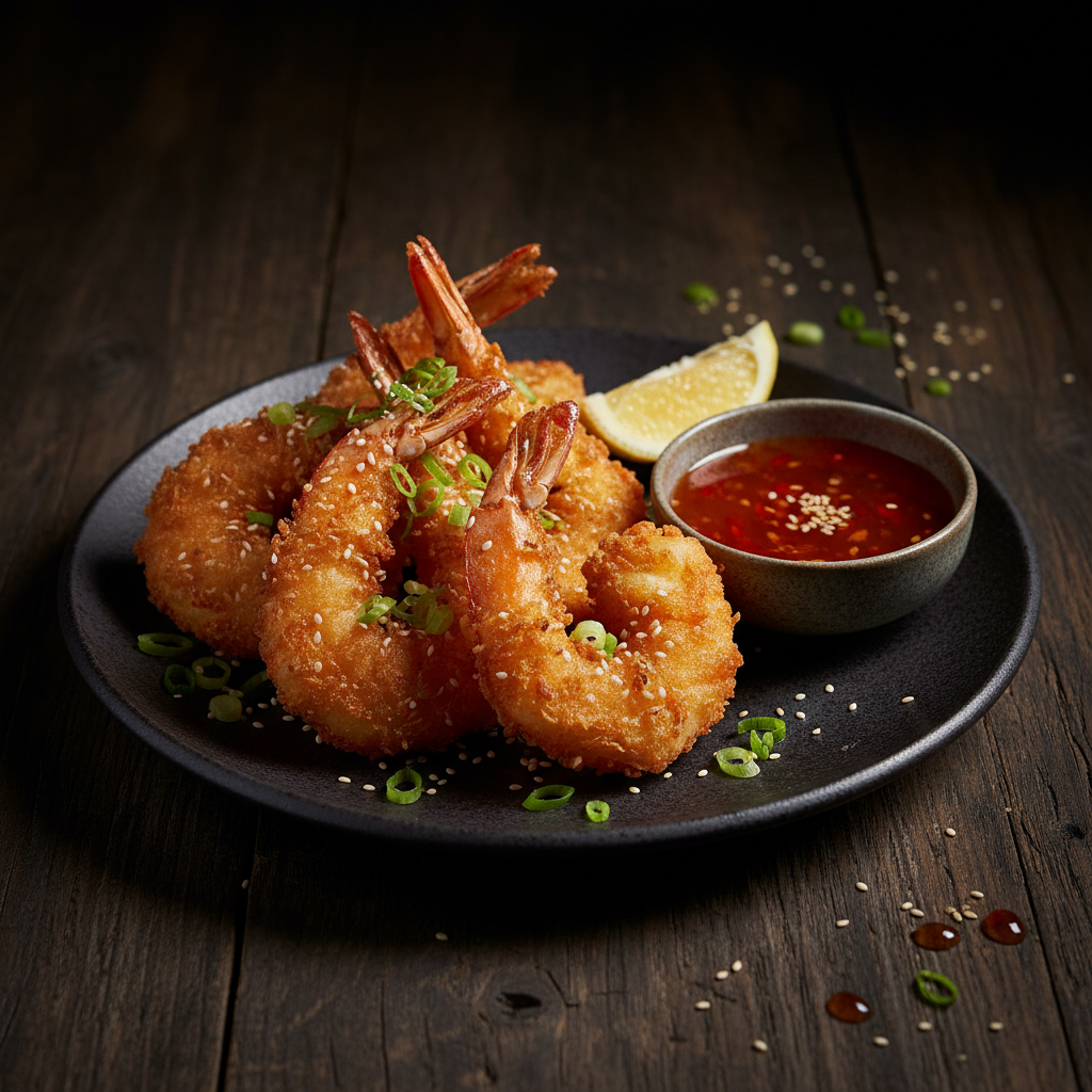Five golden crispy jumbo fried shrimp on a dark ceramic plate garnished with spring onions, sesame seeds and lemon wedge, served with dipping sauce