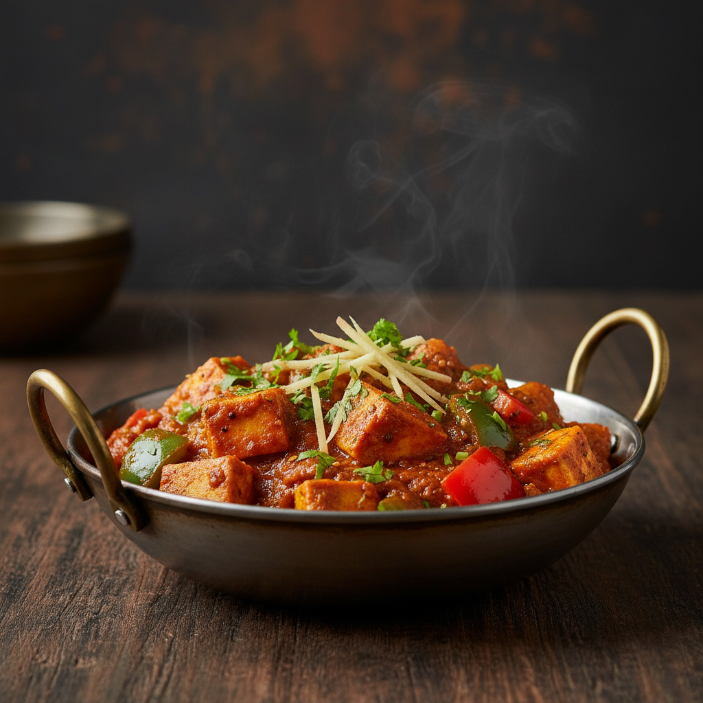Kadhai Paneer with paneer and bell peppers in spiced tomato masala sauce
