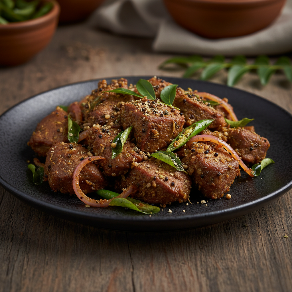 Lamb Pepper Fry on a dark ceramic plate with tender lamb pieces stir-fried with black pepper, curry leaves, onions and green chilies in South Indian style
