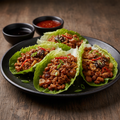 Chicken Lettuce Wraps with crisp butter lettuce cups filled with savory minced chicken stir-fry, water chestnuts, mushrooms and spring onions, served with hoisin and chili dipping sauces